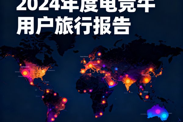 2024年度电竞牛用户旅行报告封面图，设计采用数据可视化风格，展示了全球地图上分布的电竞旅行目的地热力点